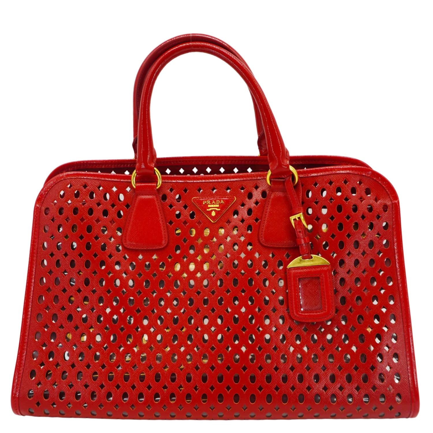 PRADA Saffiano Perforated Leather Tote Bag Red