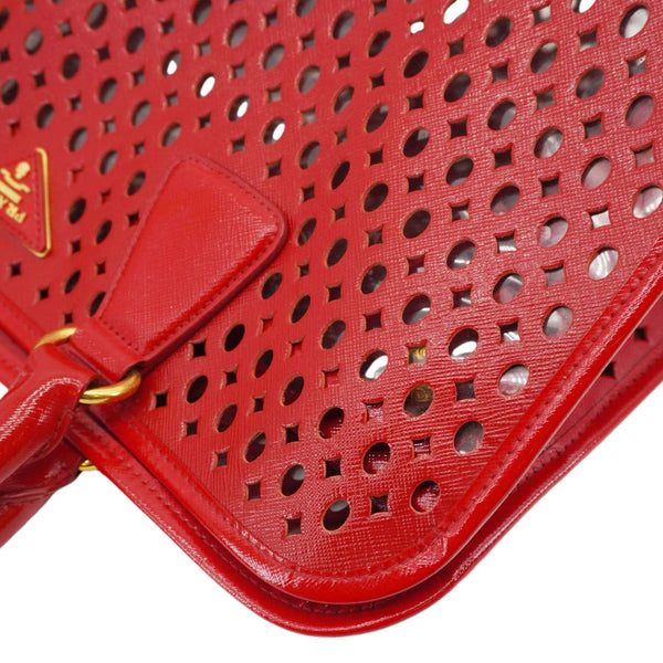 PRADA Saffiano Perforated Leather Tote Bag Red