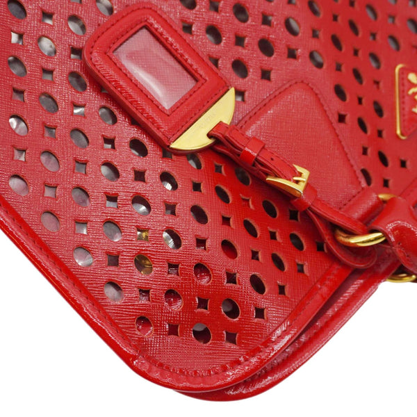 PRADA Saffiano Perforated Leather Tote Bag Red