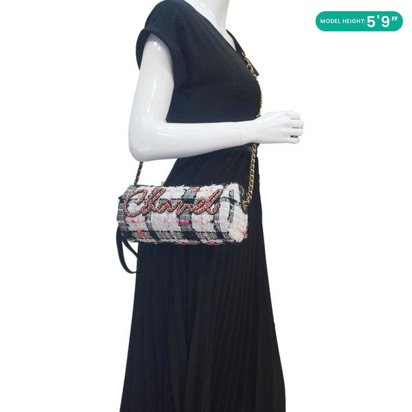 CHANEL Tweed Calfskin Signe Bowling Shoulder Bag Multicolor