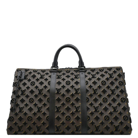 LOUIS VUITTON Keepall Triangle 50 Monogram Tuffetage Travel Bag Black