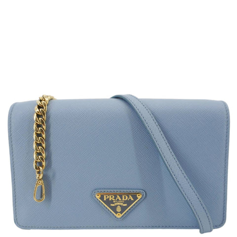 PRADA Bandoliera Saffiano Leather Chain Crossbody Bag Blue
