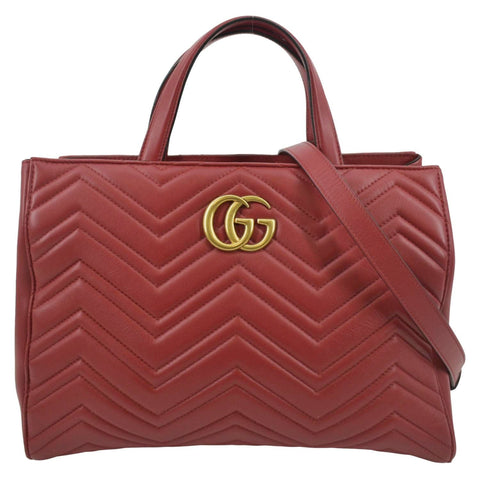 GUCCI GG Marmont Medium Matelasse Leather Top Handle Shoulder Bag Red 443505