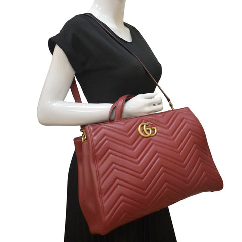 GUCCI GG Marmont Medium Matelasse Leather Top Handle Shoulder Bag Red 443505