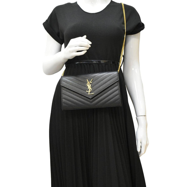 YVES SAINT LAURENT Cassandre Chain Wallet Leather Crossbody Bag Black