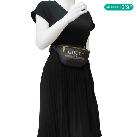 GUCCI Logo Print Small Grained Calfskin Leather Belt Bag Black 527792