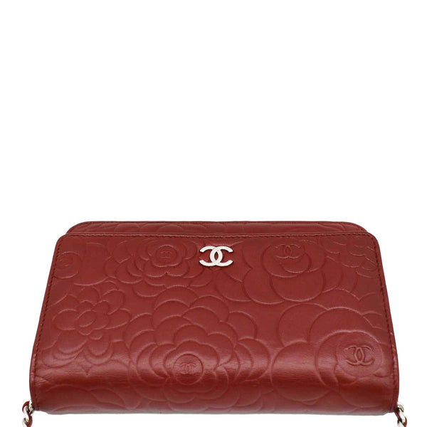 CHANEL Camellia Wallet On Chain Leather Crossbody Bag Red