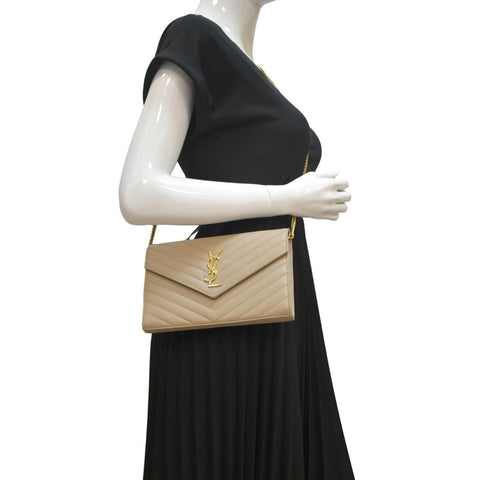 YVES SAINT LAURENT Cassandre Matelasse Chain Wallet Crossbody Bag Beige