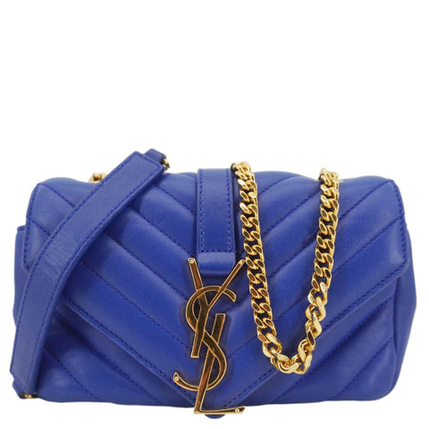 YVES SAINT LAURENT Classic Baby Monogram Chevron Leather Crossbody Bag Blue