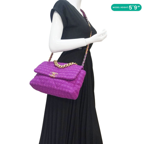 CHANEL 19 Flap Quilted Tweed Shoulder Bag Purple