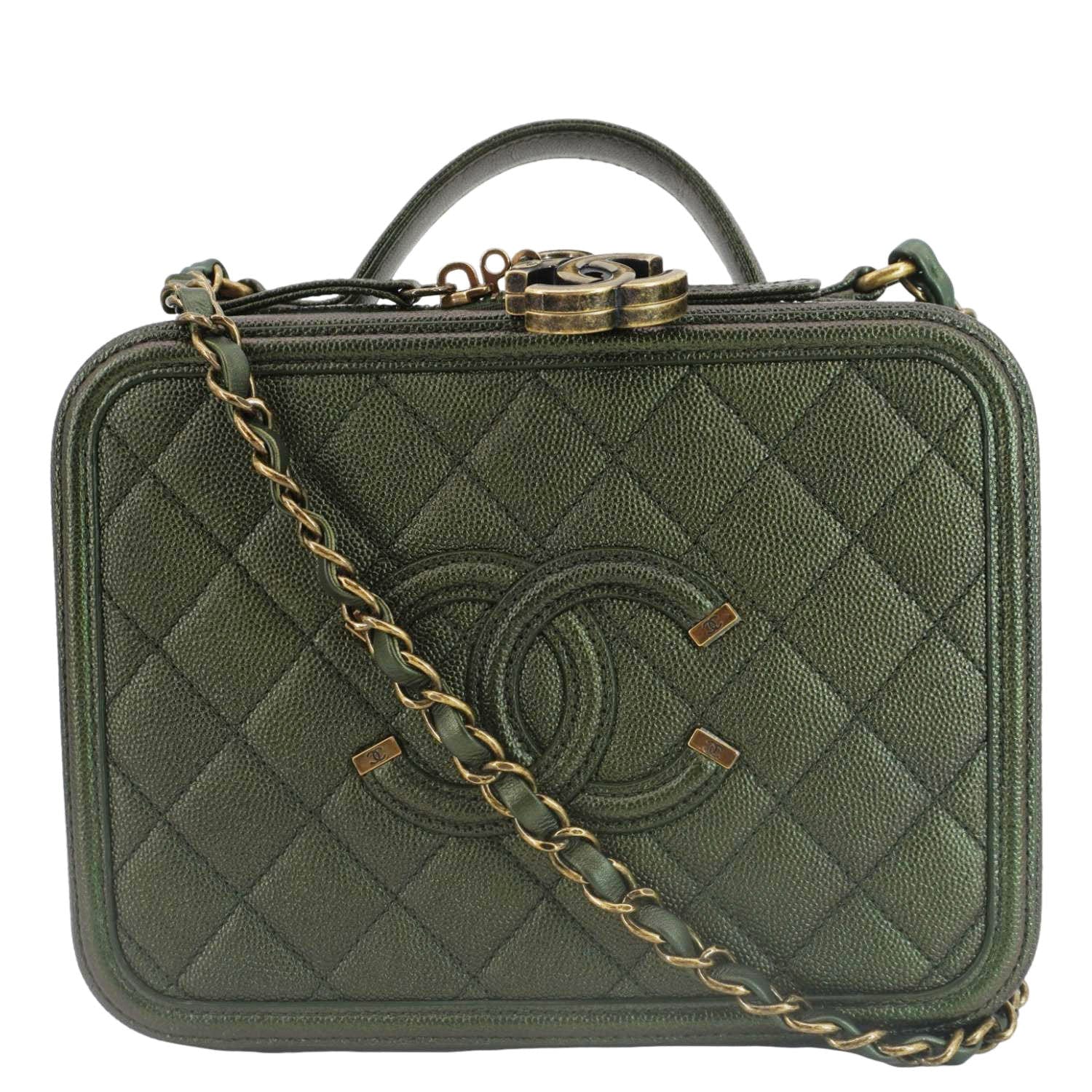 CHANEL Vanity Case Filigree CC Iridescent Quilted Caviar Leather Shoul