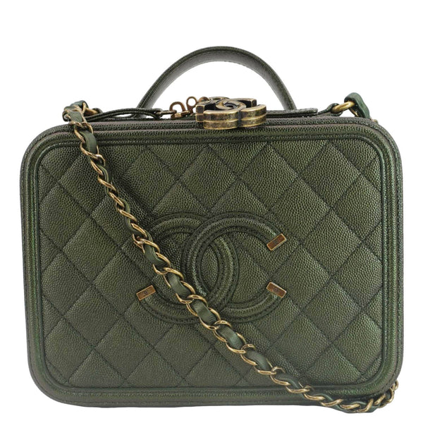 CHANEL Vanity Case Filigree CC Iridescent Quilted Caviar Leather Shoulder Bag Green