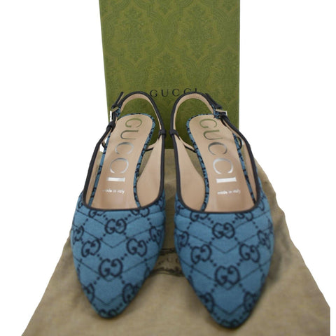 GUCCI Slingback Pumps Italian GG Canvas shoes in Blue with front view