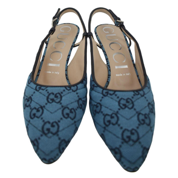 GUCCI Slingback Pumps Italian GG Canvas shoes in Blue with land scap view