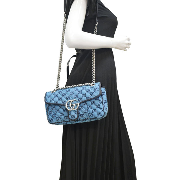 GUCCI Small Italian Matelasse Shoulder bag in Blue Leather with body view