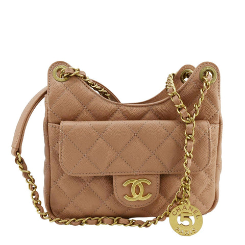 CHANEL Wavy Small Caviar Leather Hobo Shoulder Bag Peach