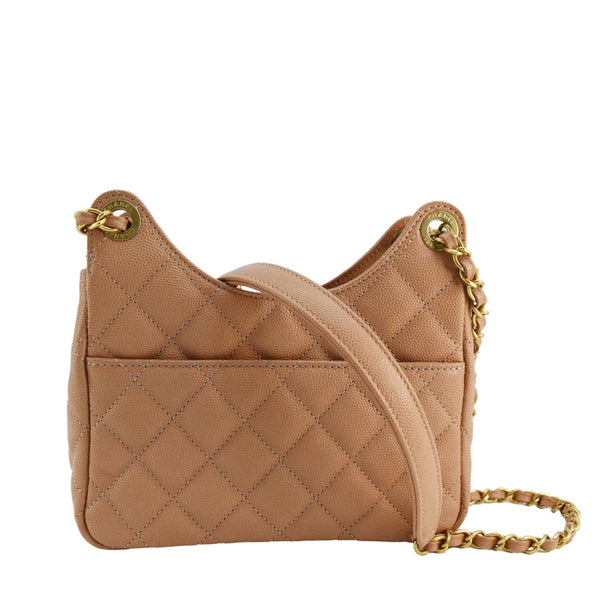CHANEL Wavy Small Caviar Leather Hobo Shoulder Bag Peach