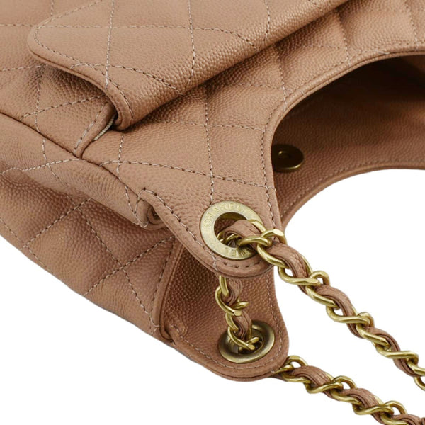 CHANEL Wavy Small Caviar Leather Hobo Shoulder Bag Peach