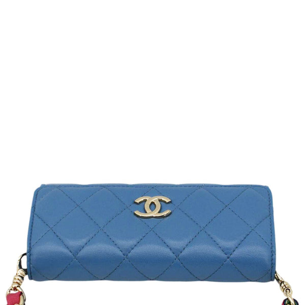 CHANEL Ribbon Leather Long Clutch Crossbody Bag Blue