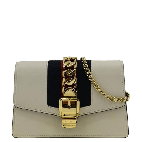 GUCCI Sylvie Super Mini Leather Crossbody Bag White 494646