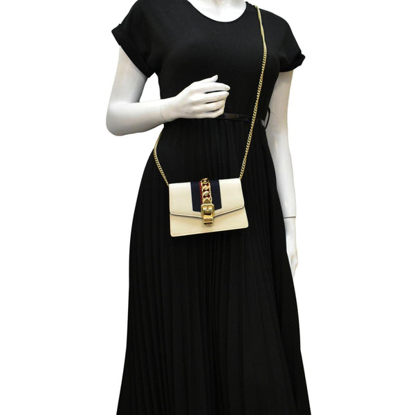 GUCCI Sylvie Super Mini Leather Crossbody Bag White 494646