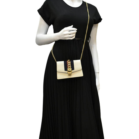 GUCCI Sylvie Super Mini Leather Crossbody Bag White 494646