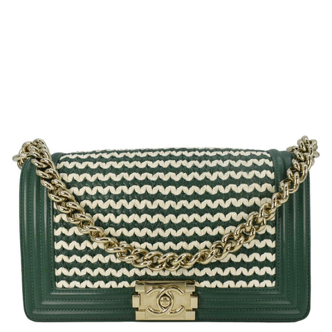 CHANEL Boy Flap Woven Leather Shoulder Bag Green