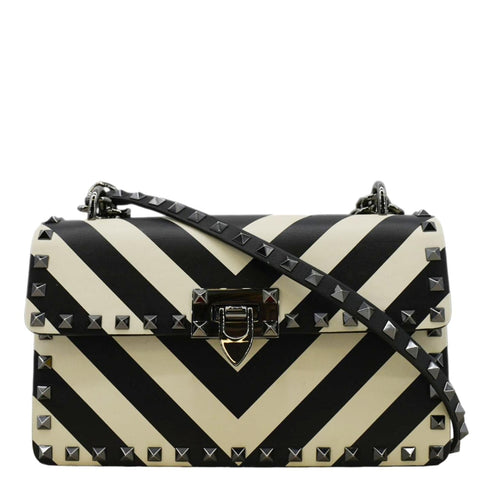 VALENTINO Garavani Rockstud V-Stripe Leather Crossbody Bag Black