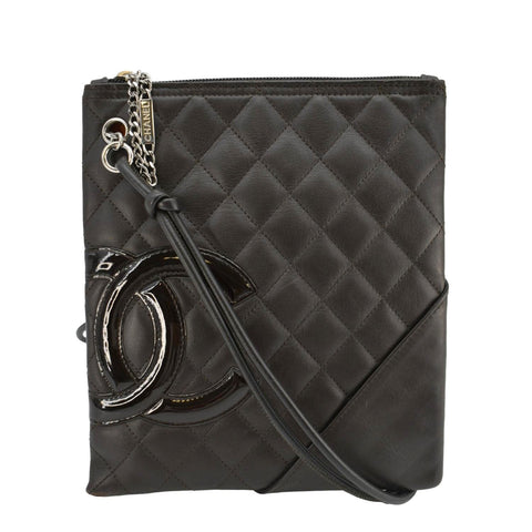 CHANEL Cambon Flat Calfskin Leather Messenger Bag Black