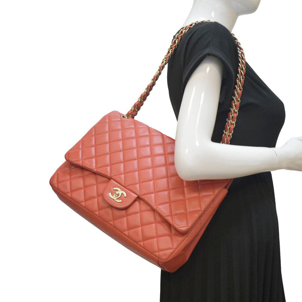 CHANEL Classic Maxi Single Flap Quilted Leather Shoulder Bag Red