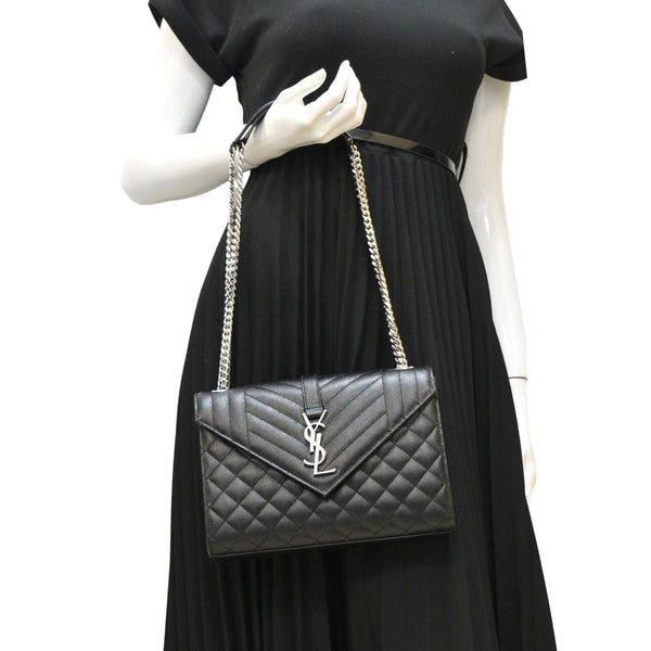 YVES SAINT LAURENT Envelope Mix Matelassé Chain Leather Shoulder Bag Black