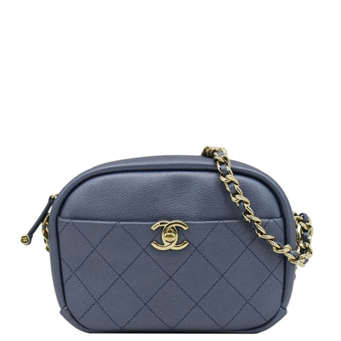 CHANEL Casual Trip Camera Small Metallic Leather Crossbody Bag Blue