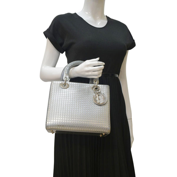 CHRISTIAN DIOR Lady Dior Leather Shoulder Bag Metallic with full view