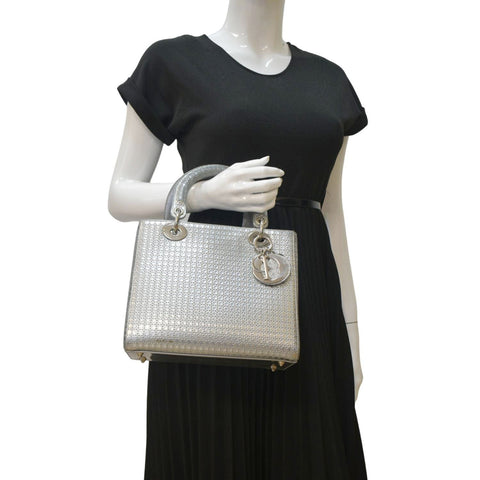 CHRISTIAN DIOR Lady Dior Leather Shoulder Bag Metallic with full view