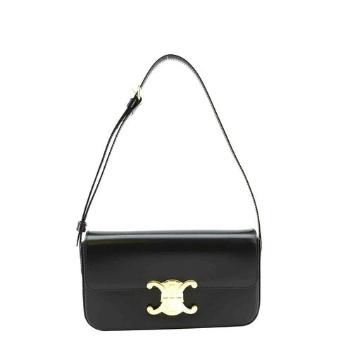 CELINE Triomphe Calfskin Leather Shoulder Bag Black