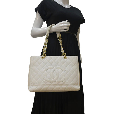CHANEL Grand Shopping Caviar Leather Tote Bag White