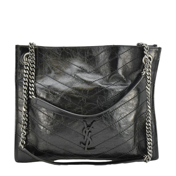 YVES SAINT LAURENT Niki  Crinkle Leather Shopper Tote Bag Black
