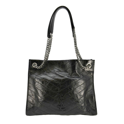 YVES SAINT LAURENT Niki  Crinkle Leather Shopper Tote Bag Black