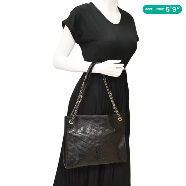 YVES SAINT LAURENT Niki  Crinkle Leather Shopper Tote Bag Black