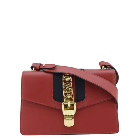 GUCCI Sylvie Small Web Leather Shoulder Bag Red 421882