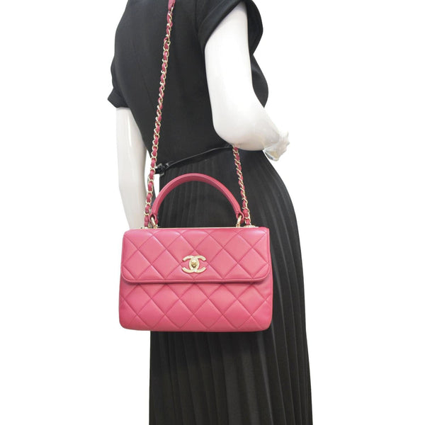 CHANEL Trendy CC Top Handle Flap Quilted Leather Shoulder Bag Hot Pink