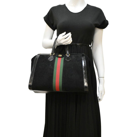 GUCCI Ophidia  Medium Web Suede Tote Bag Black 524537