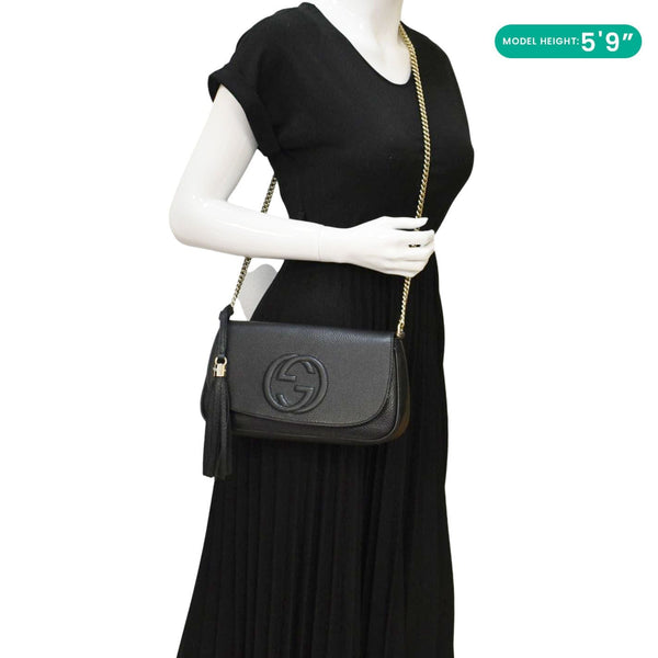 GUCCI Soho Flap Leather Chain Crossbody Bag Black 536224