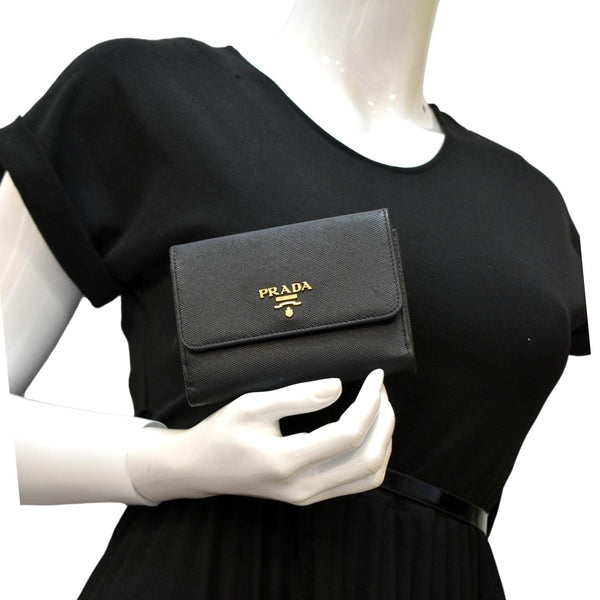 PRADA Fold Over Saffiano Leather Wallet Black