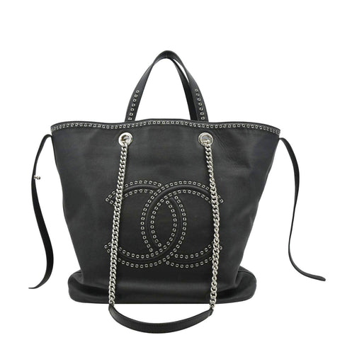 CHANEL Coco Eyelets Large Leather Shopping Tote Shoulder  Black