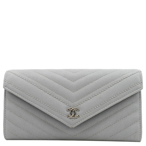 CHANEL Long Flap Quilted Chevron Caviar Wallet Light Grey