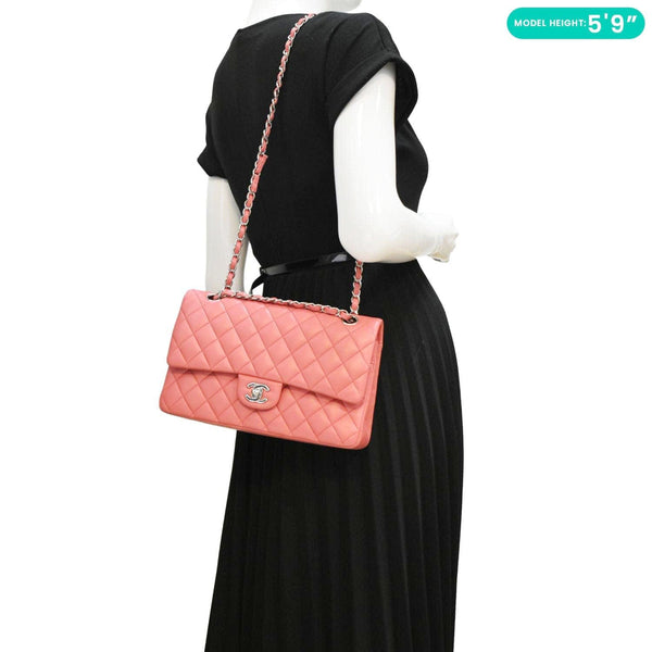 CHANEL Classic Double Flap Medium  Quilted Leather Shoulder Bag Salmon Pink
