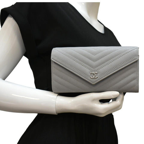 CHANEL Long Flap Quilted Chevron Caviar Wallet Light Grey