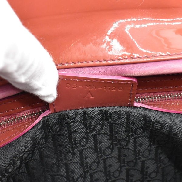 CHRISTIAN DIOR Lady Dior Large Quilted Patent Leather Shoulder Bag Reddish Orange