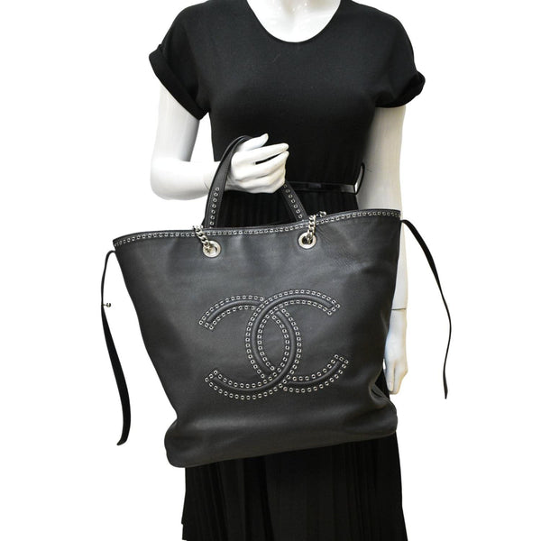 CHANEL Coco Eyelets Large Leather Shopping Tote Shoulder  Black